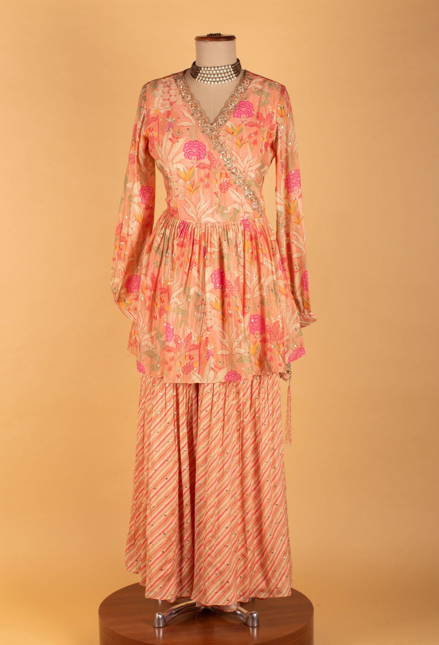 Peach Floral Printed Kurta Sharara Set with Embellished Dupatta