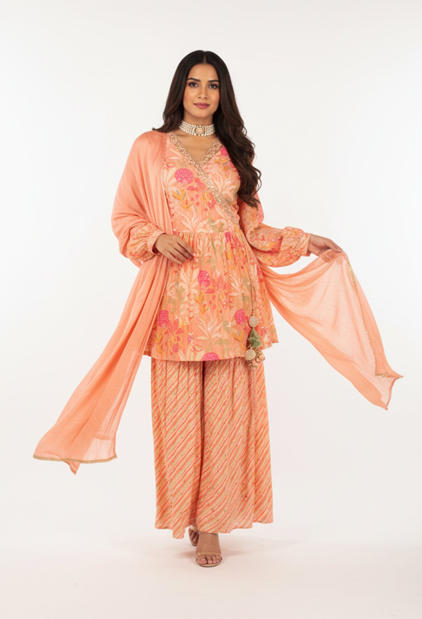 Peach Floral Printed Kurta Sharara Set with Embellished Dupatta