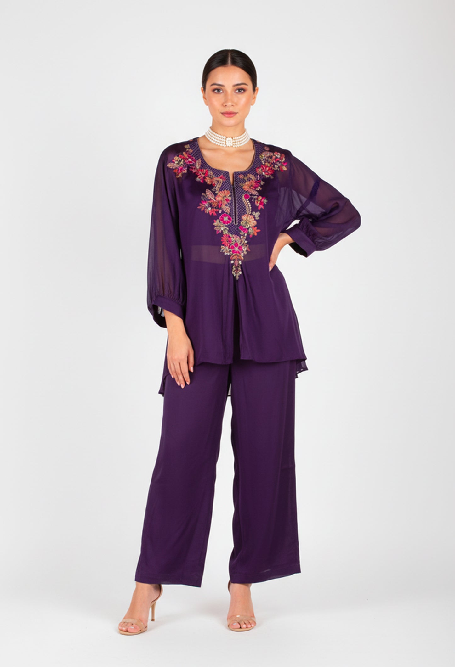 Women’s Purple Embroidered Straight-Cut Tunic Co-ord Set with Pants