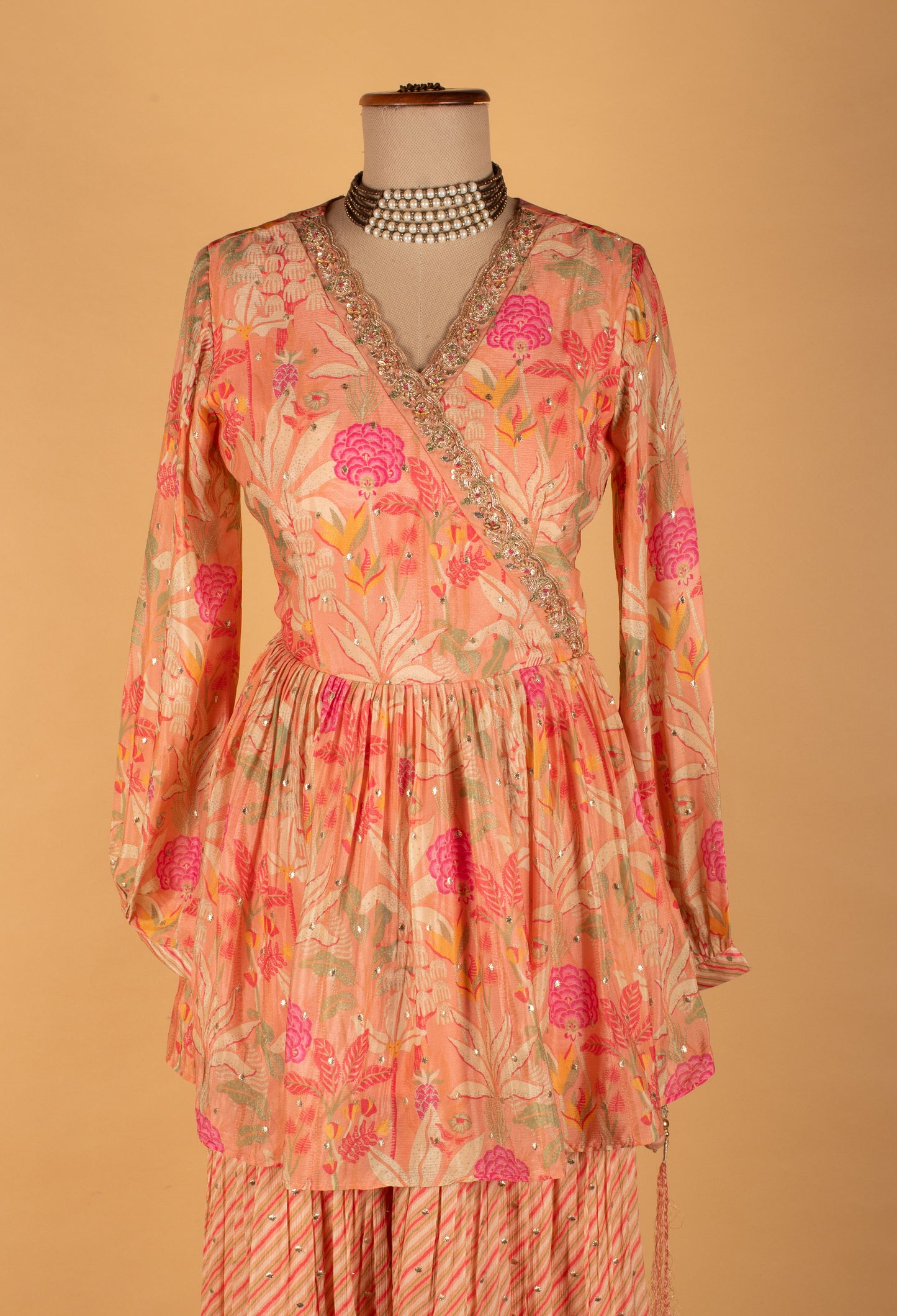 Peach Floral Printed Kurta Sharara Set with Embellished Dupatta