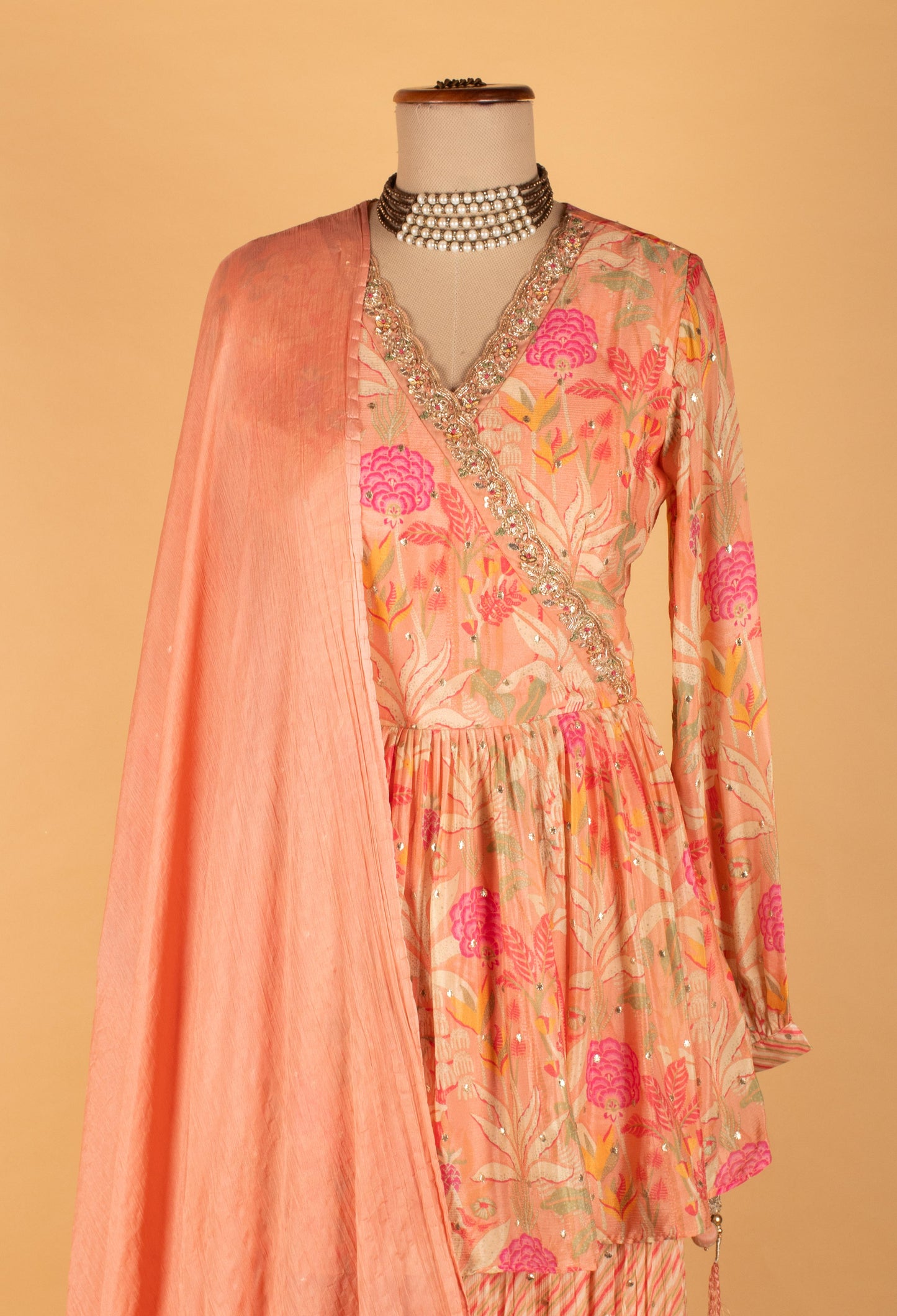 Peach Floral Printed Kurta Sharara Set with Embellished Dupatta