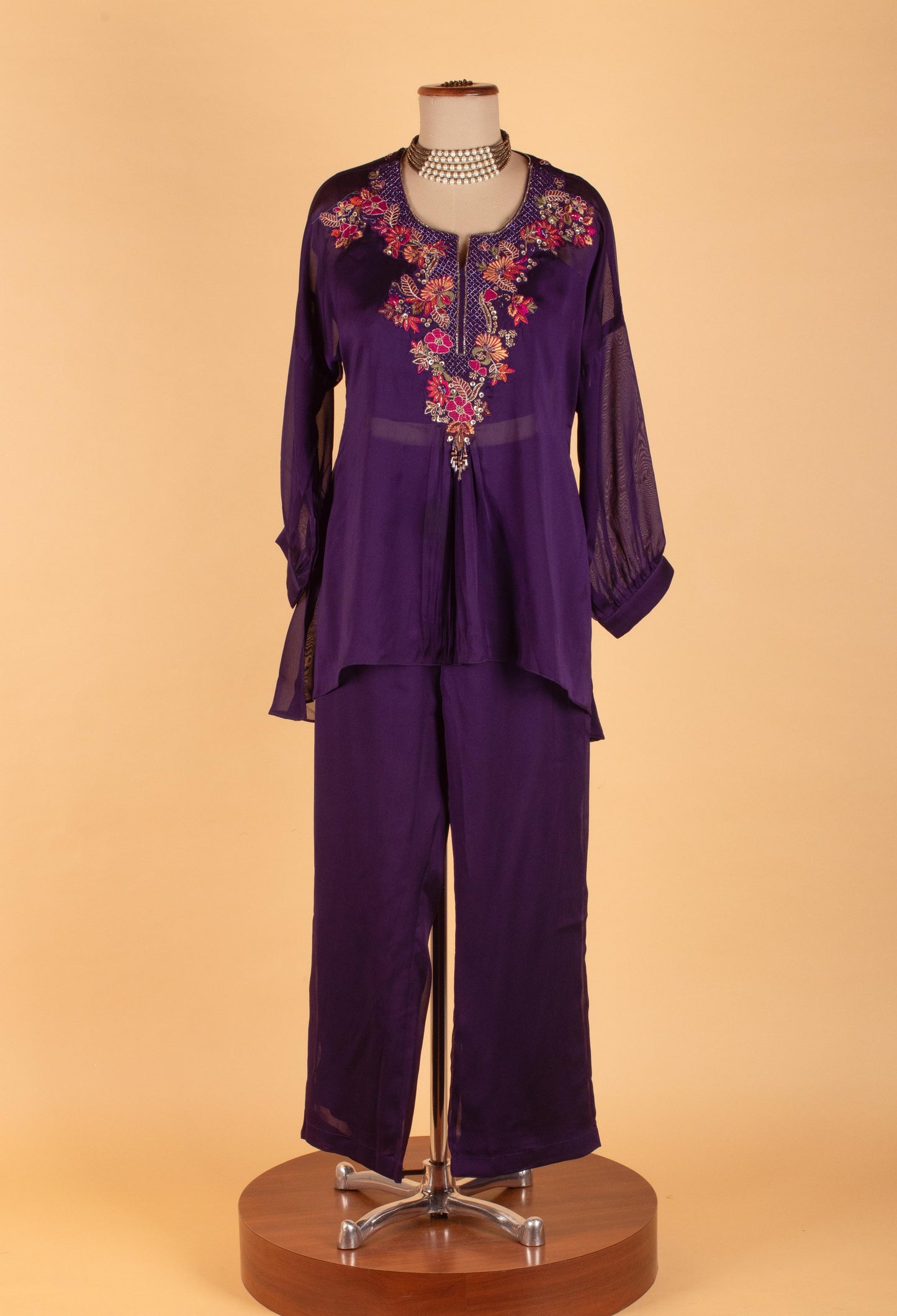 Women’s Purple Embroidered Straight-Cut Tunic Co-ord Set with Pants