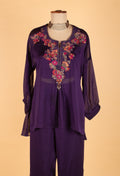 Women’s Purple Embroidered Straight-Cut Tunic Co-ord Set with Pants