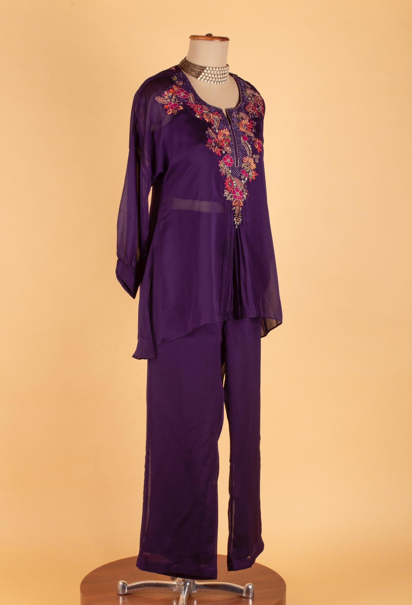 Women’s Purple Embroidered Straight-Cut Tunic Co-ord Set with Pants