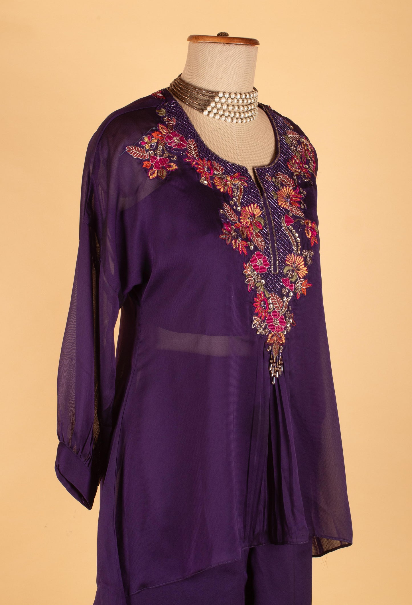 Women’s Purple Embroidered Straight-Cut Tunic Co-ord Set with Pants