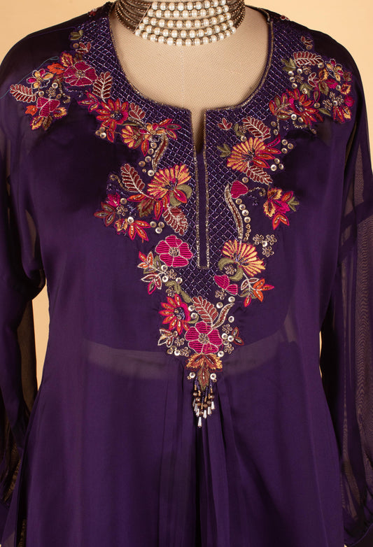 Purple embroidered straight-cut tunic co-ord set with pants – product image 2
