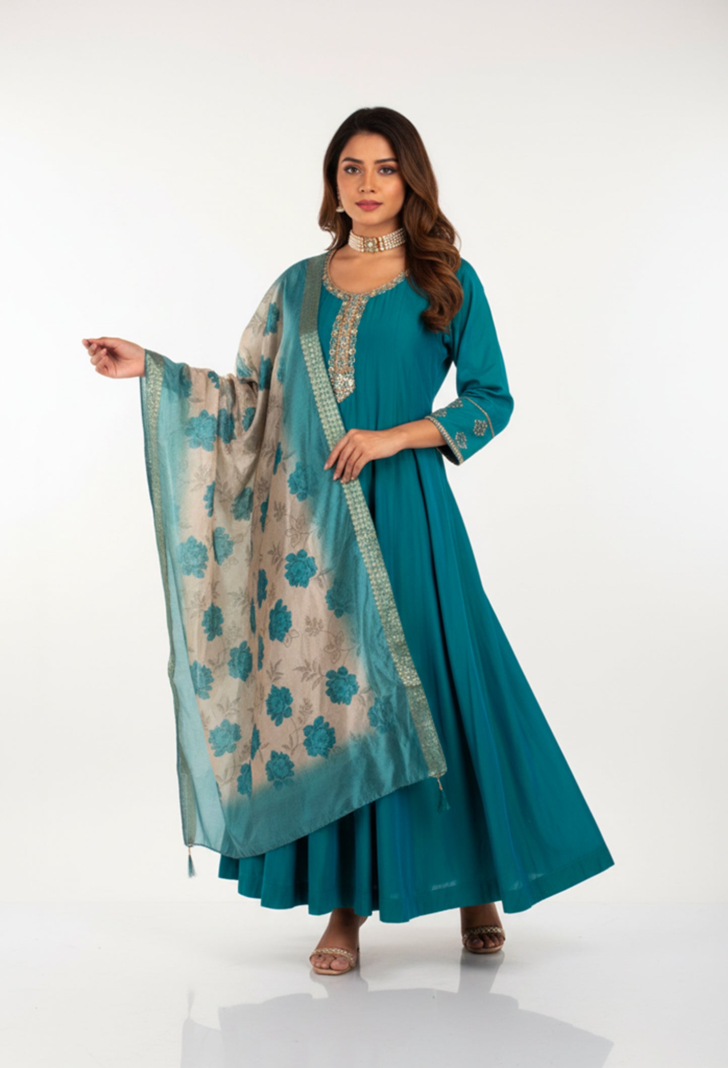 Teal Blue A-Cut Suit Set with Embellished Neckline & Floral Dupatta