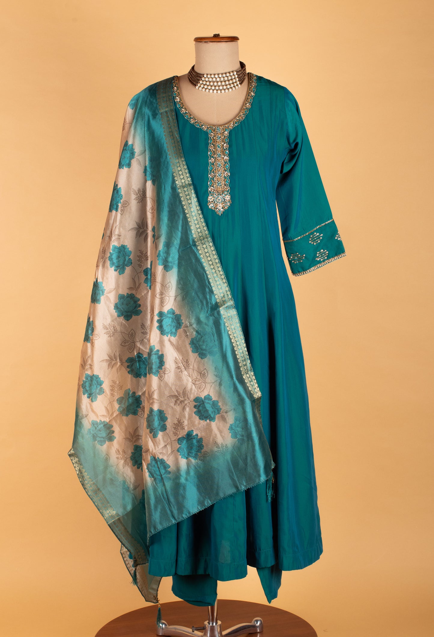 Teal Blue A-Cut Suit Set with Embellished Neckline & Floral Dupatta