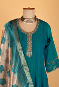 Teal Blue A-Cut Suit Set with Embellished Neckline & Floral Dupatta