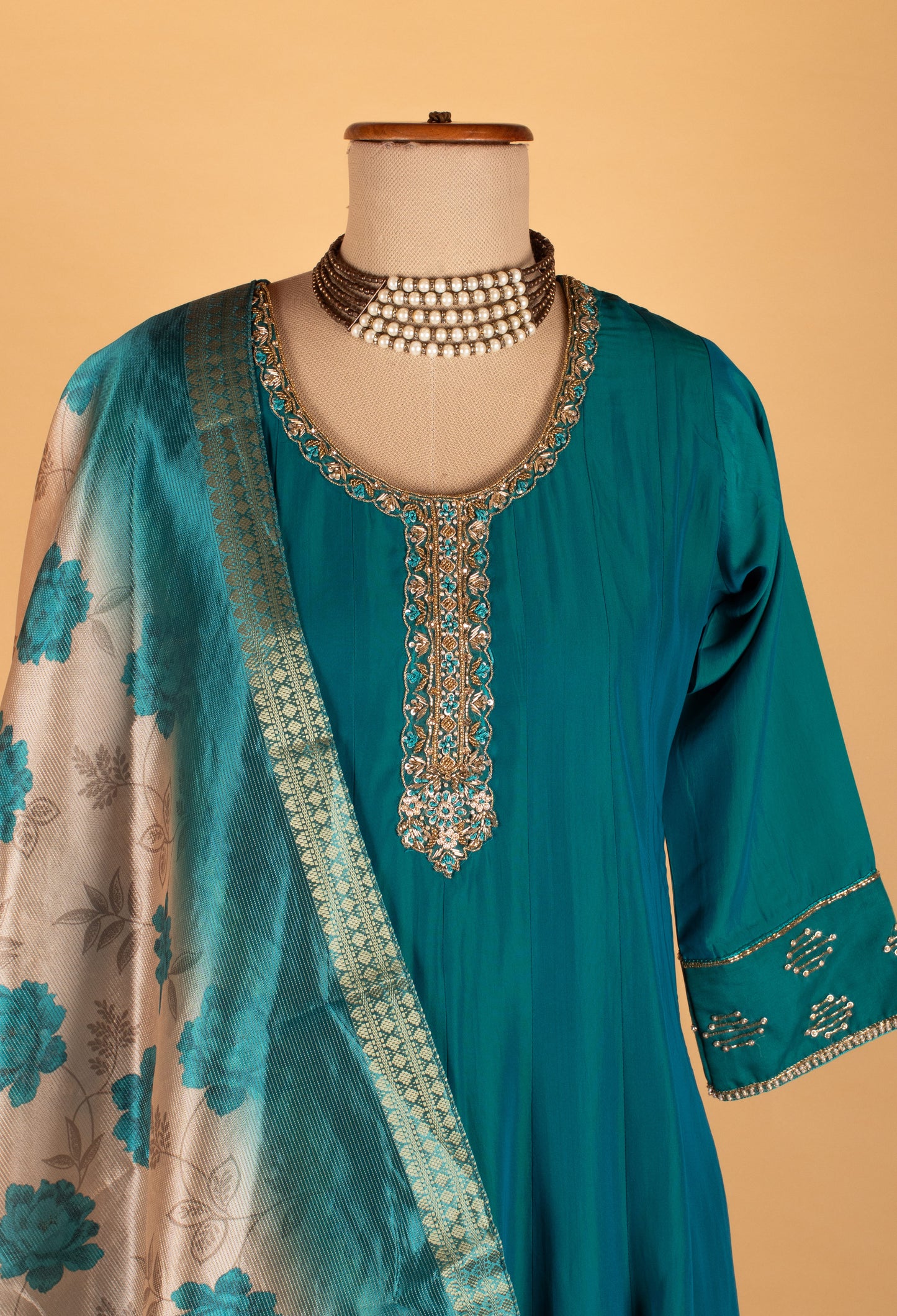 Teal Blue A-Cut Suit Set with Embellished Neckline & Floral Dupatta