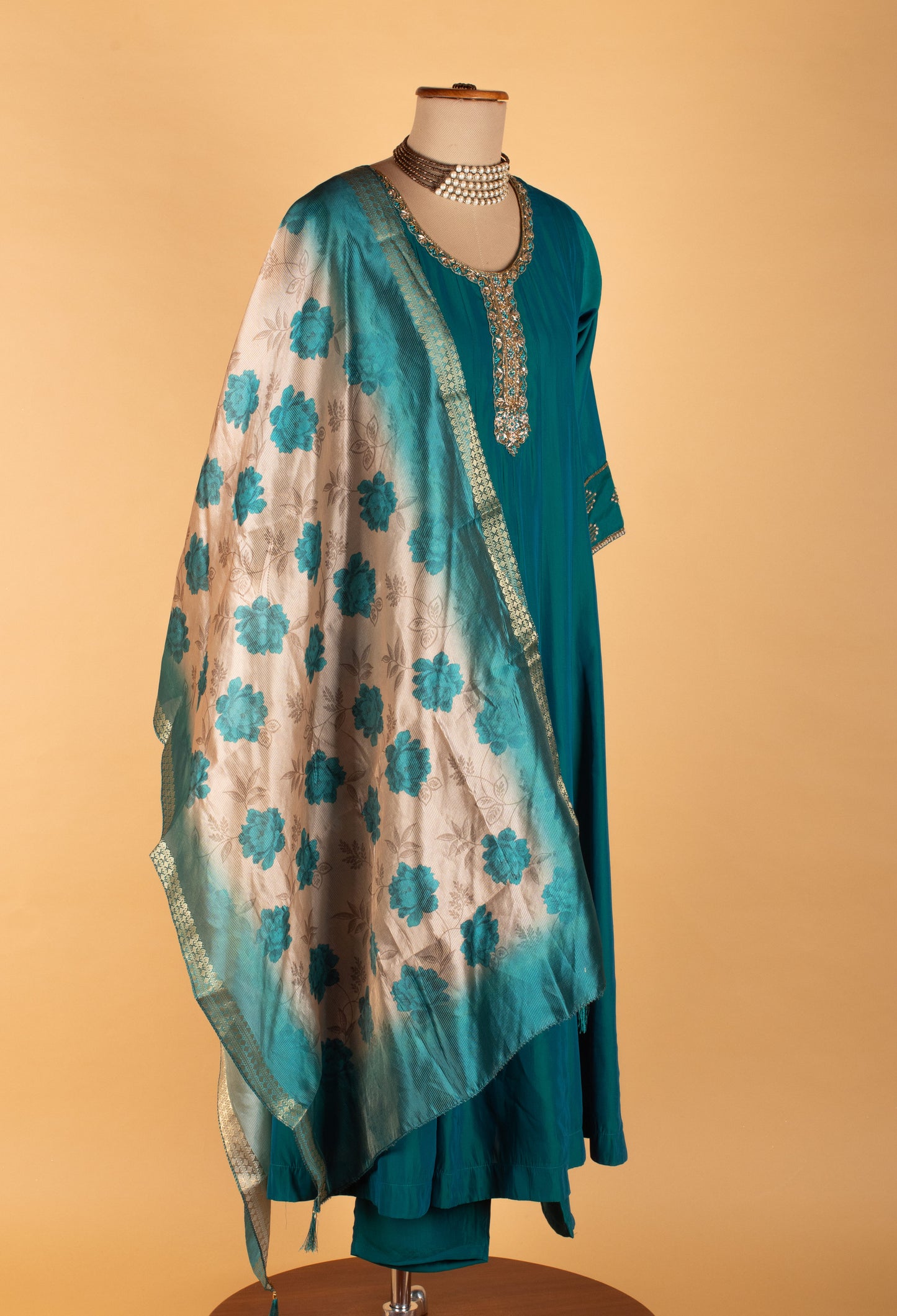 Teal Blue A-Cut Suit Set with Embellished Neckline & Floral Dupatta