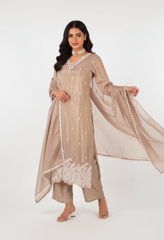 Beige Embroidered Straight-Cut Suit Set with Dupatta