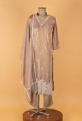 Beige Embroidered Straight-Cut Suit Set with Dupatta
