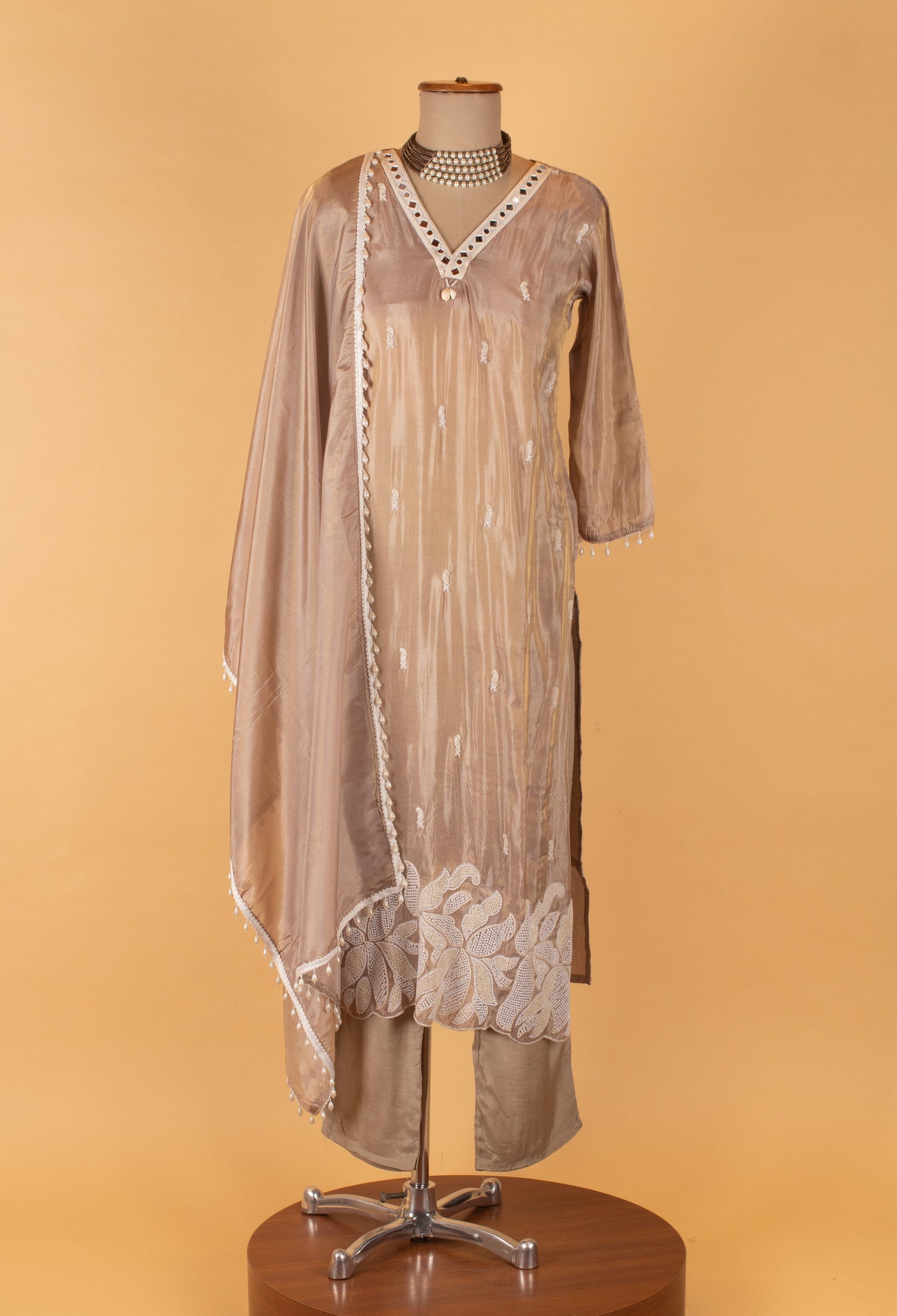 Beige Embroidered Straight-Cut Suit Set with Dupatta