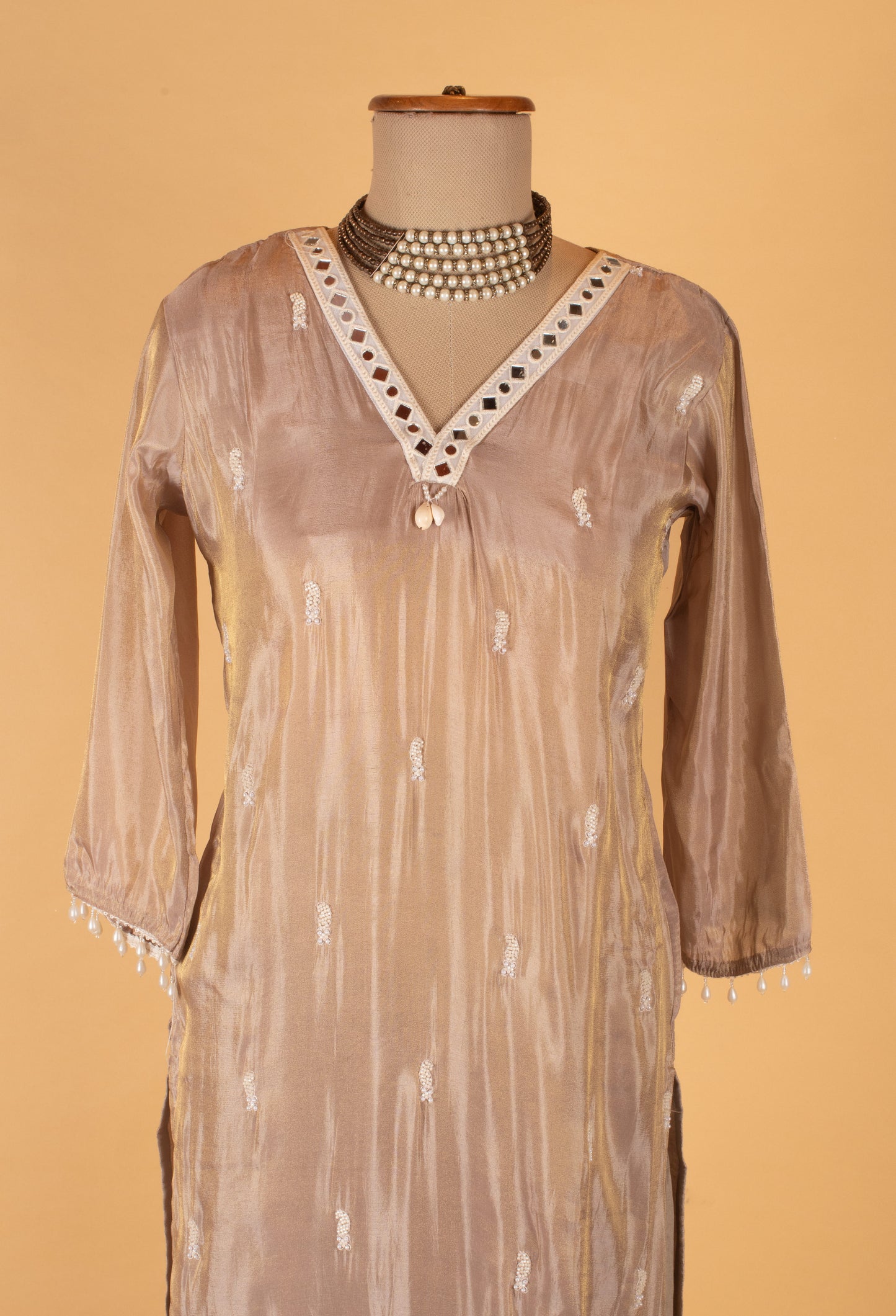 Beige Embroidered Straight-Cut Suit Set with Dupatta