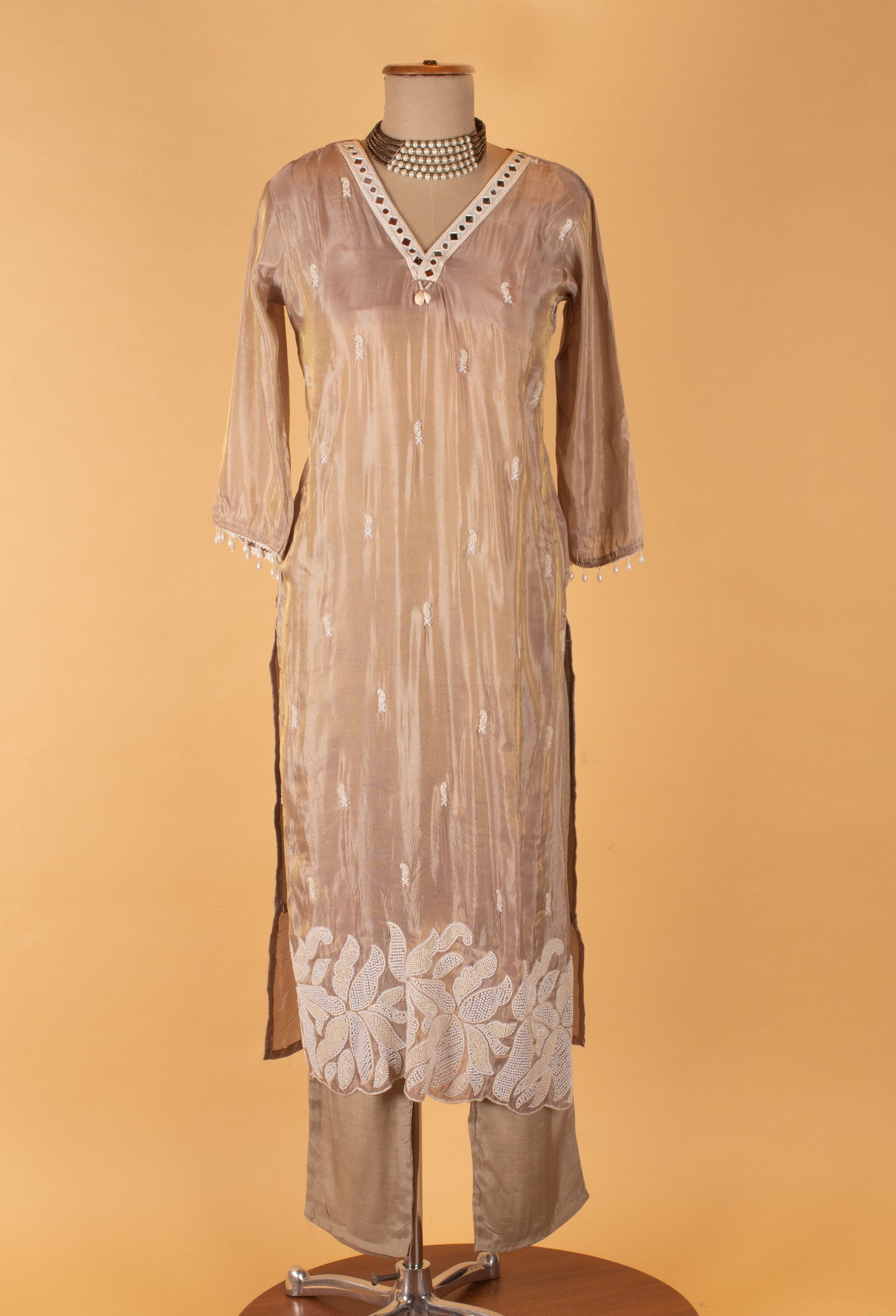 Beige Embroidered Straight-Cut Suit Set with Dupatta