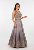 Grey Embellished Sleeveless Evening Gown with Embroidered Hem