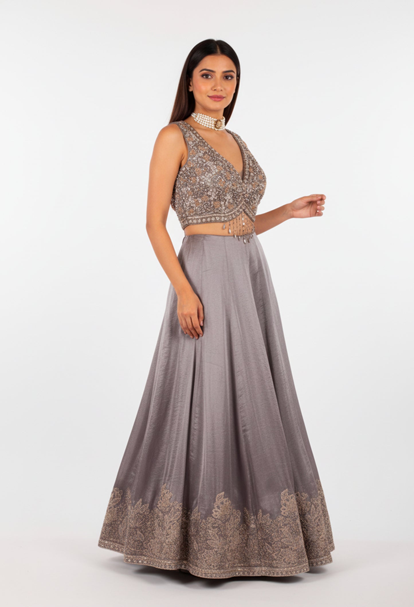 Grey Embellished Sleeveless Evening Gown with Embroidered Hem