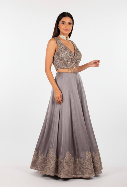 Grey Embellished Sleeveless Evening Gown with Embroidered Hem