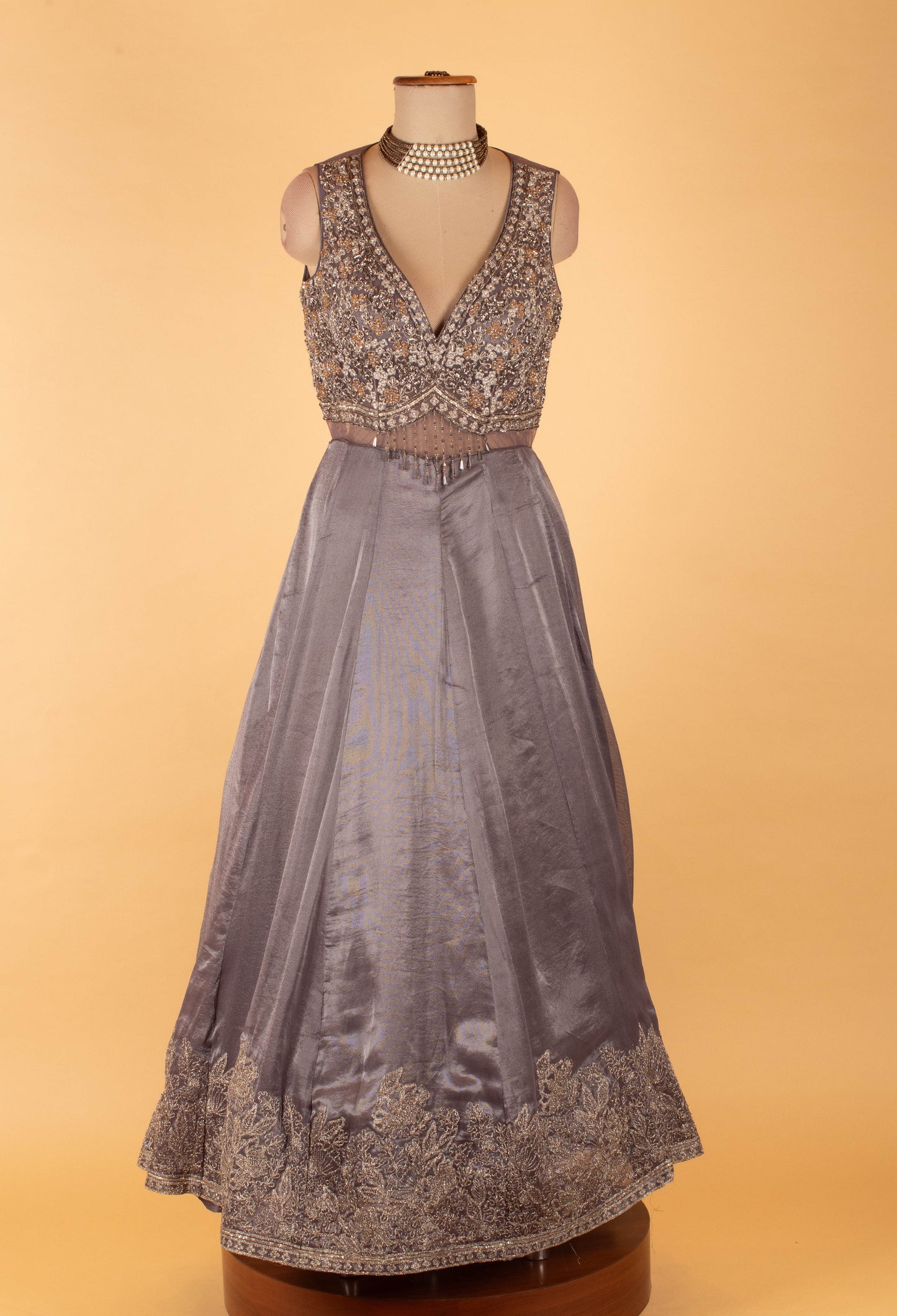 Grey Embellished Sleeveless Evening Gown with Embroidered Hem