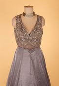 Grey Embellished Sleeveless Evening Gown with Embroidered Hem