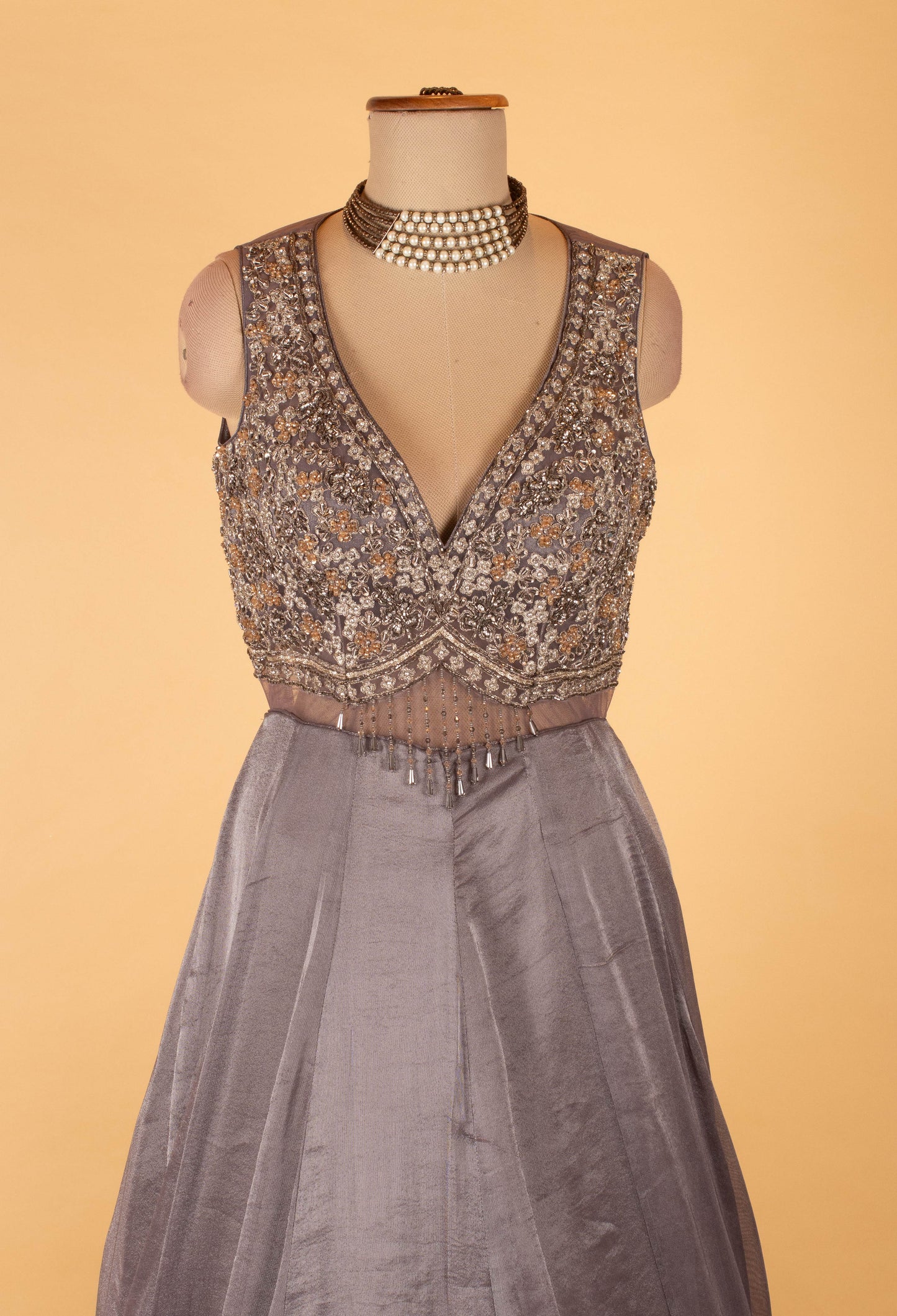 Grey Embellished Sleeveless Evening Gown with Embroidered Hem