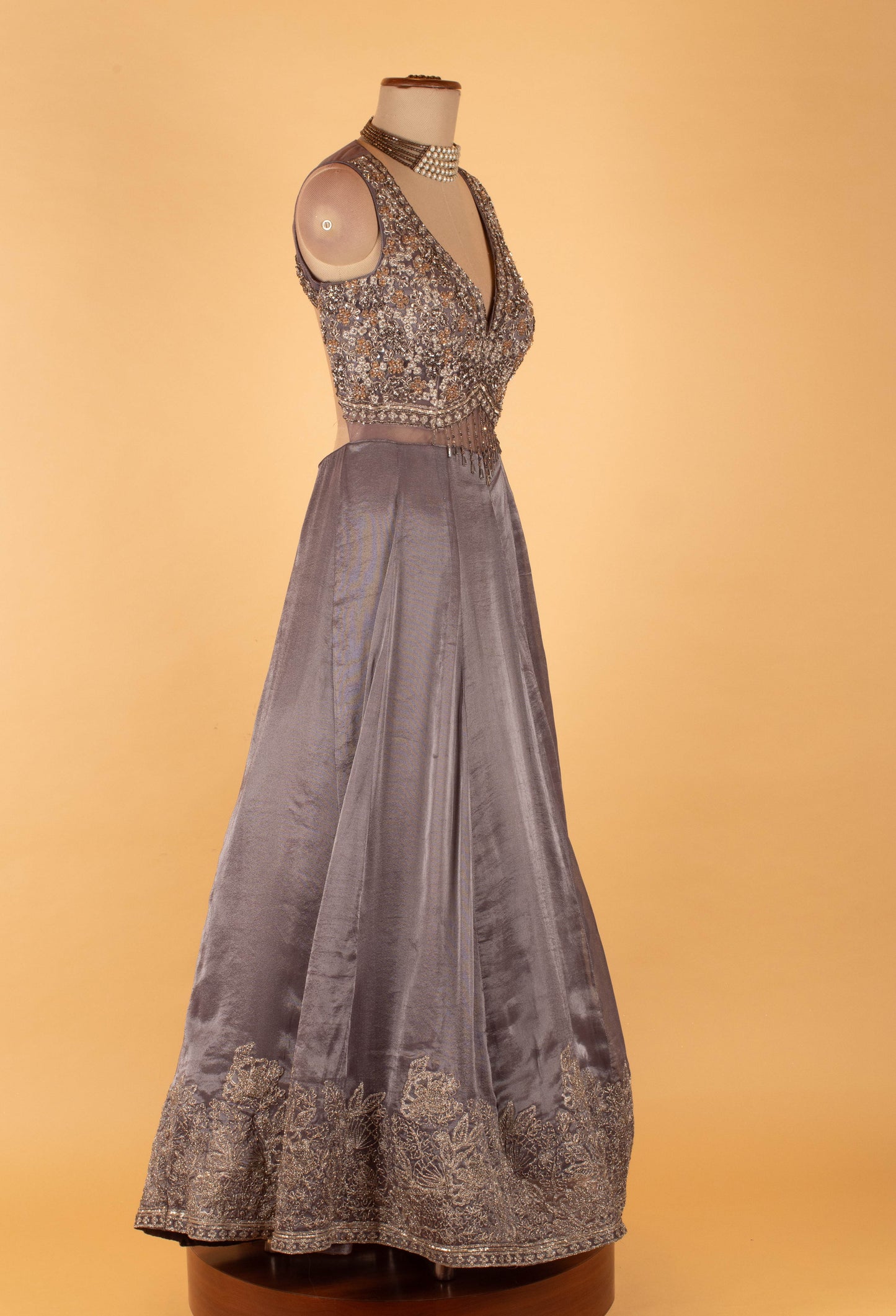 Grey Embellished Sleeveless Evening Gown with Embroidered Hem
