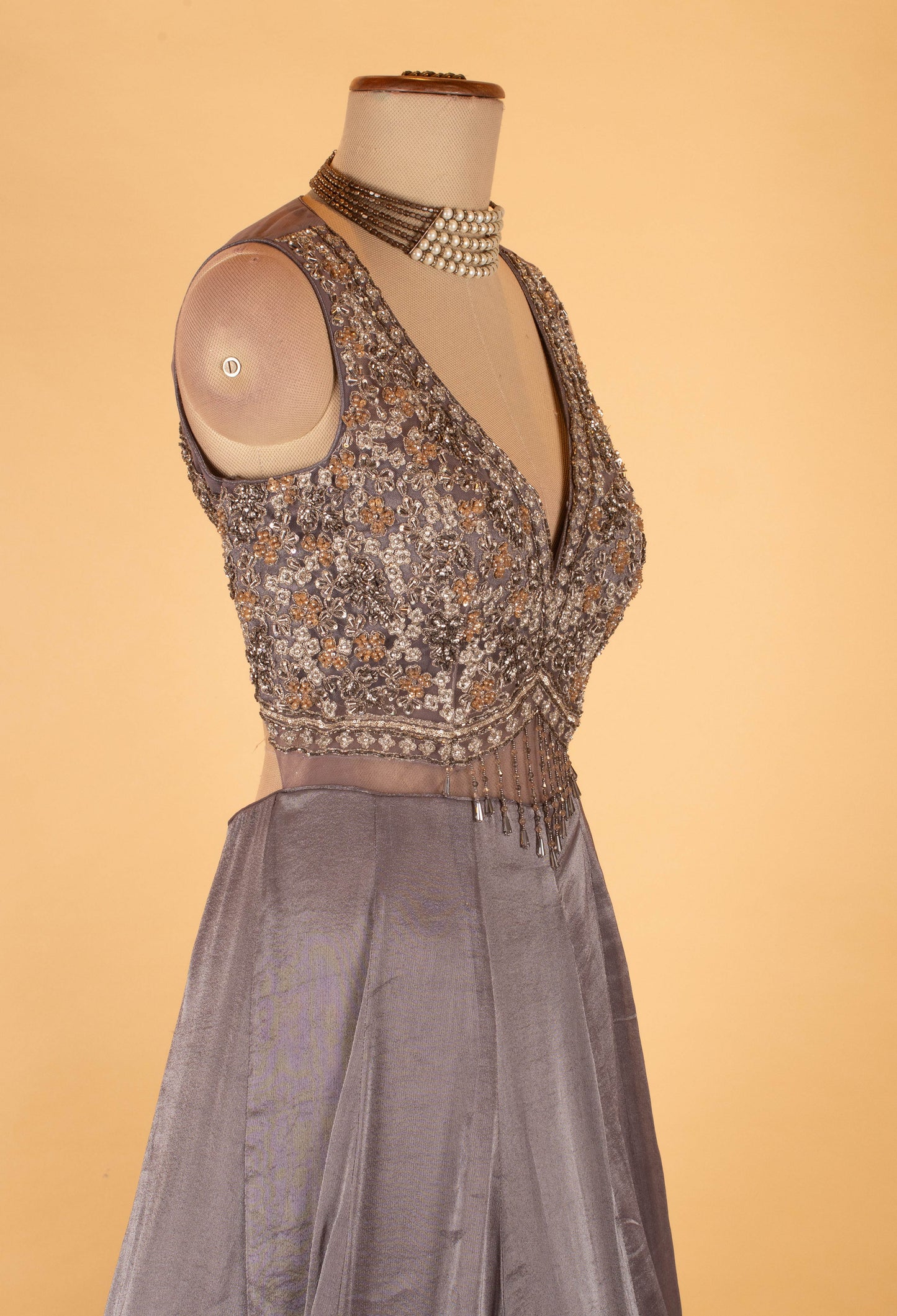 Grey Embellished Sleeveless Evening Gown with Embroidered Hem