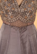 Grey Embellished Sleeveless Evening Gown with Embroidered Hem
