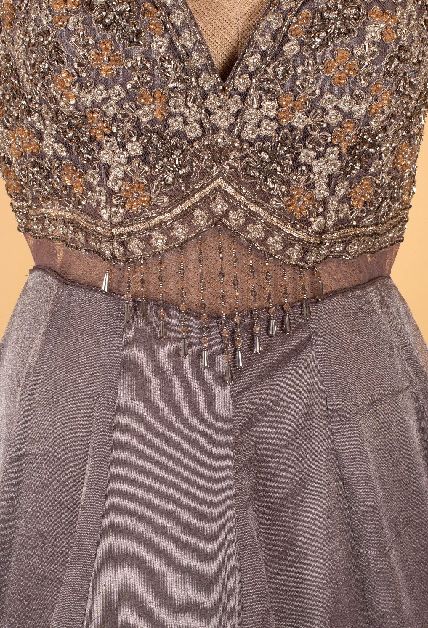 Grey Embellished Sleeveless Evening Gown with Embroidered Hem