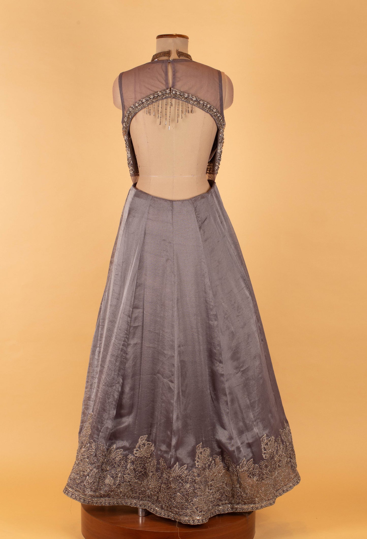 Grey Embellished Sleeveless Evening Gown with Embroidered Hem