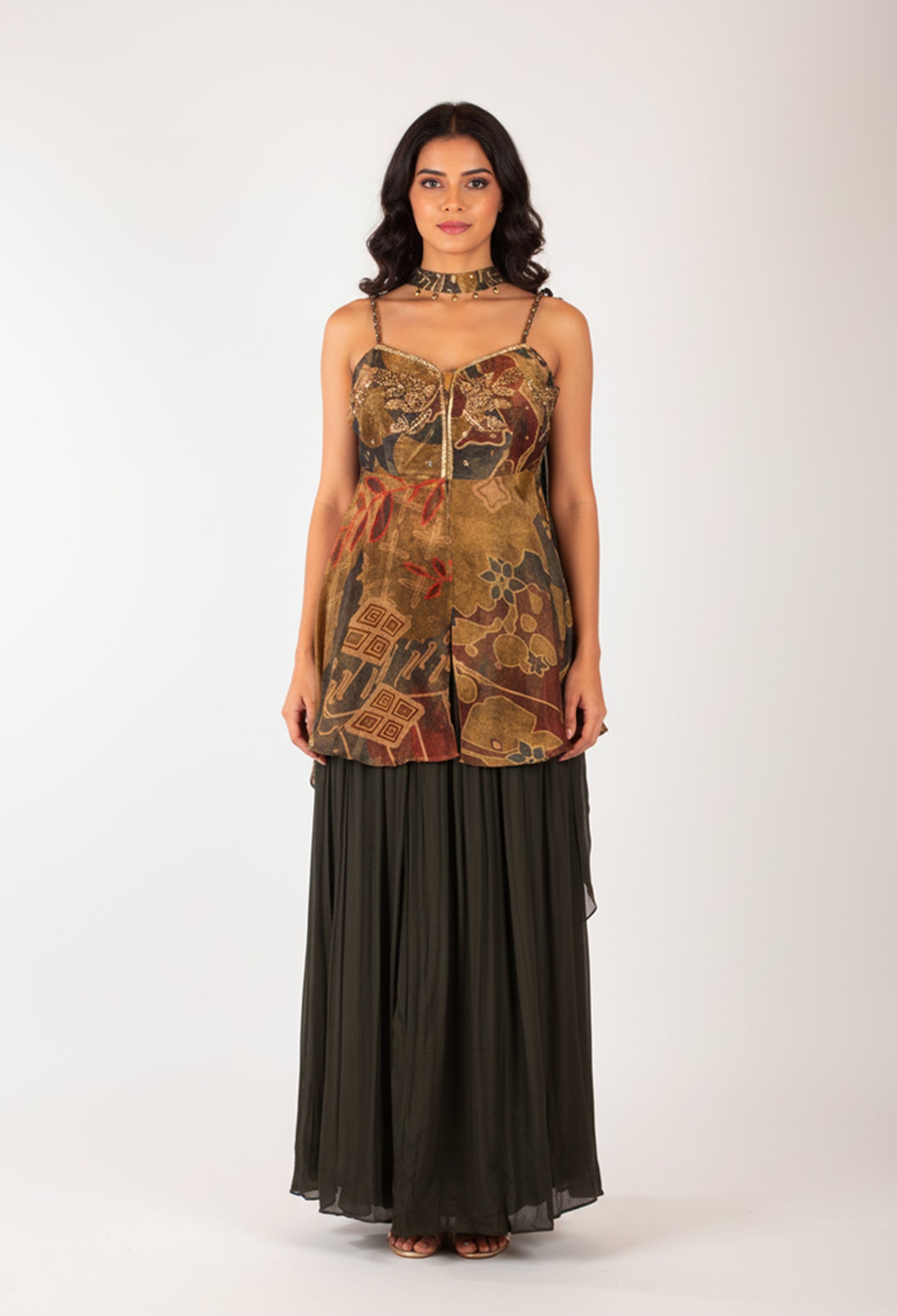 Printed Crop Top with Flared Overlay & Black Palazzo Pants