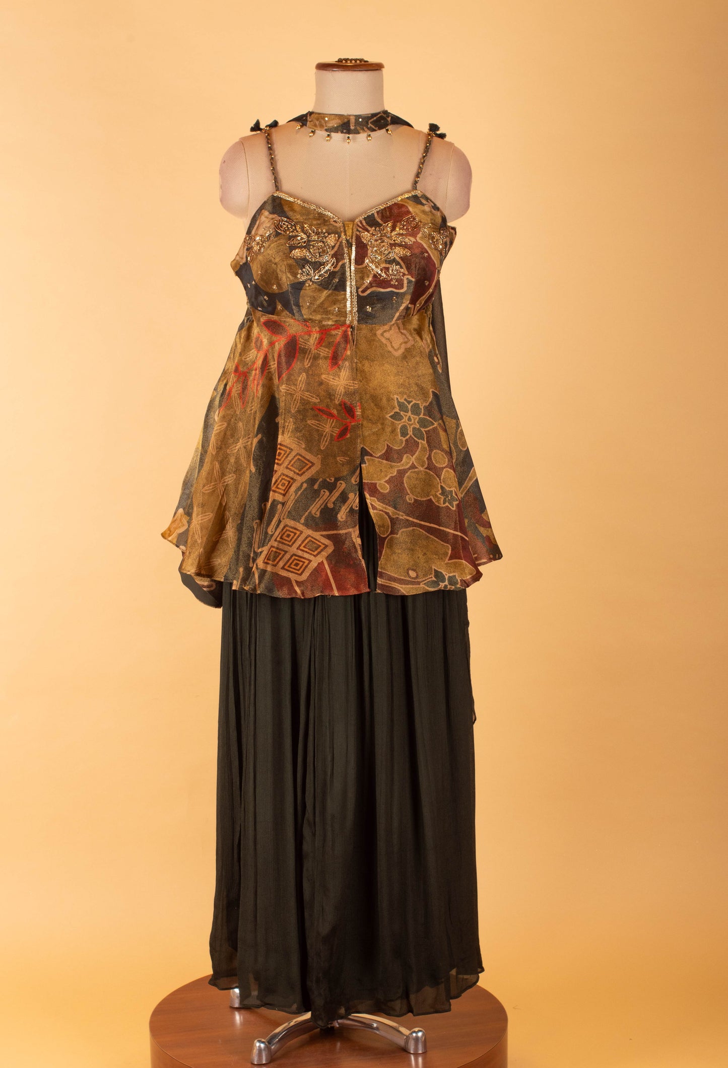 Printed Crop Top with Flared Overlay & Black Palazzo Pants