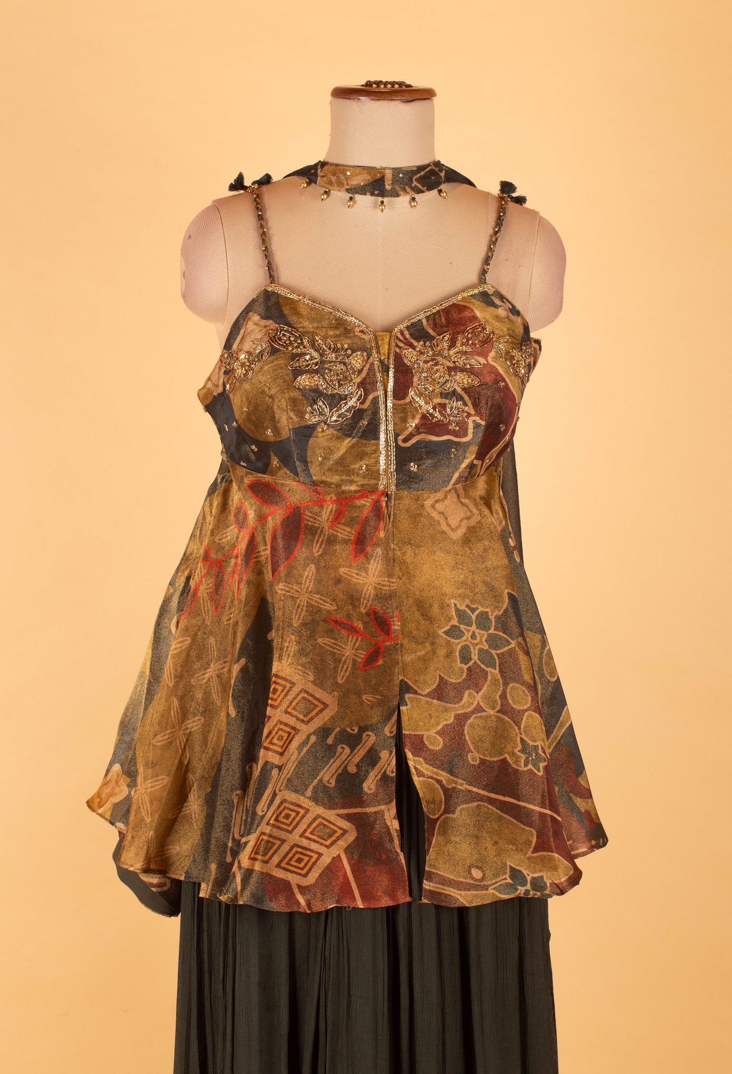 Printed Crop Top with Flared Overlay & Black Palazzo Pants