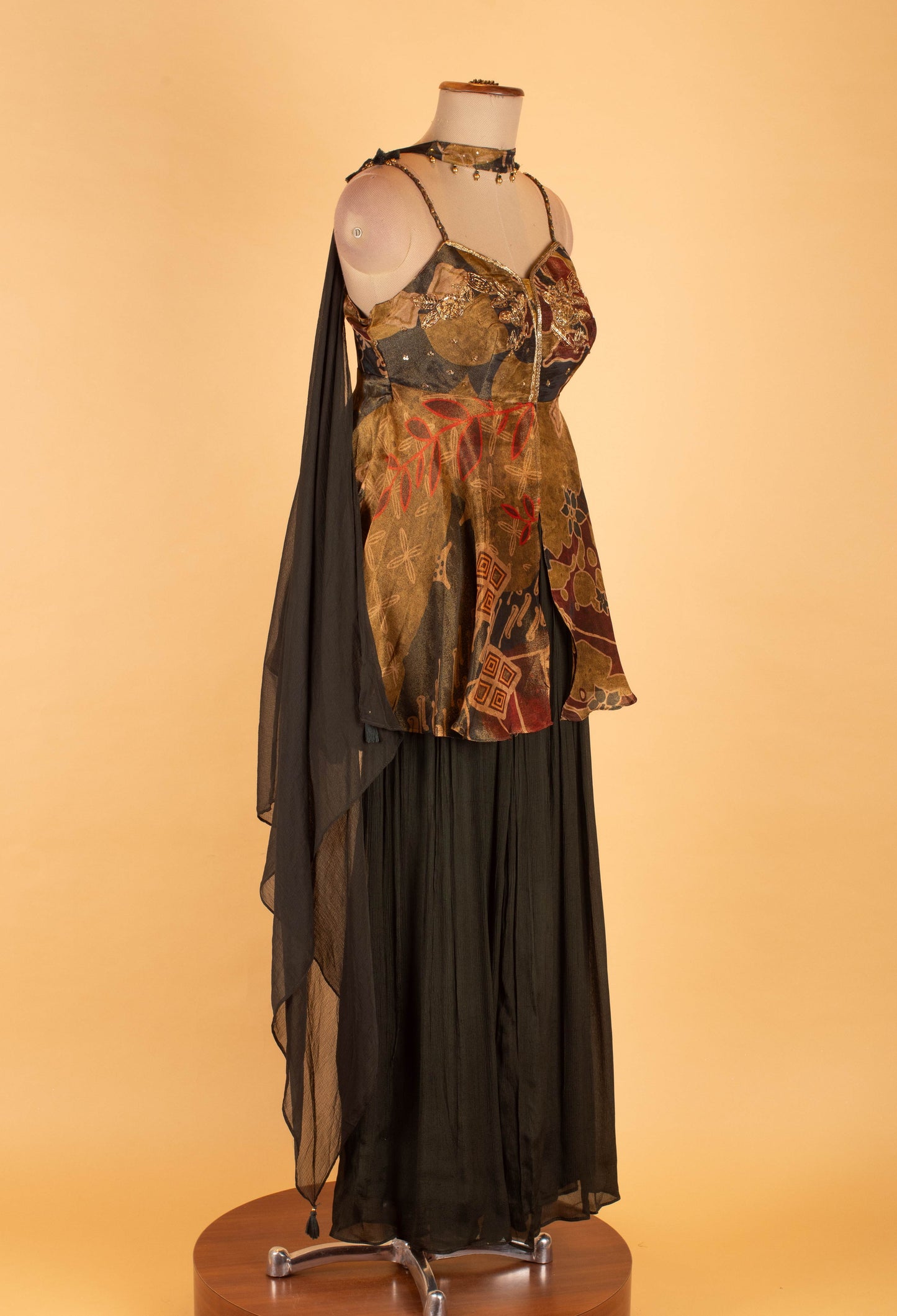 Printed Crop Top with Flared Overlay & Black Palazzo Pants