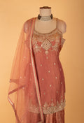 Peach Embroidered Straight-Cut Suit Set with Sharara & Dupatta