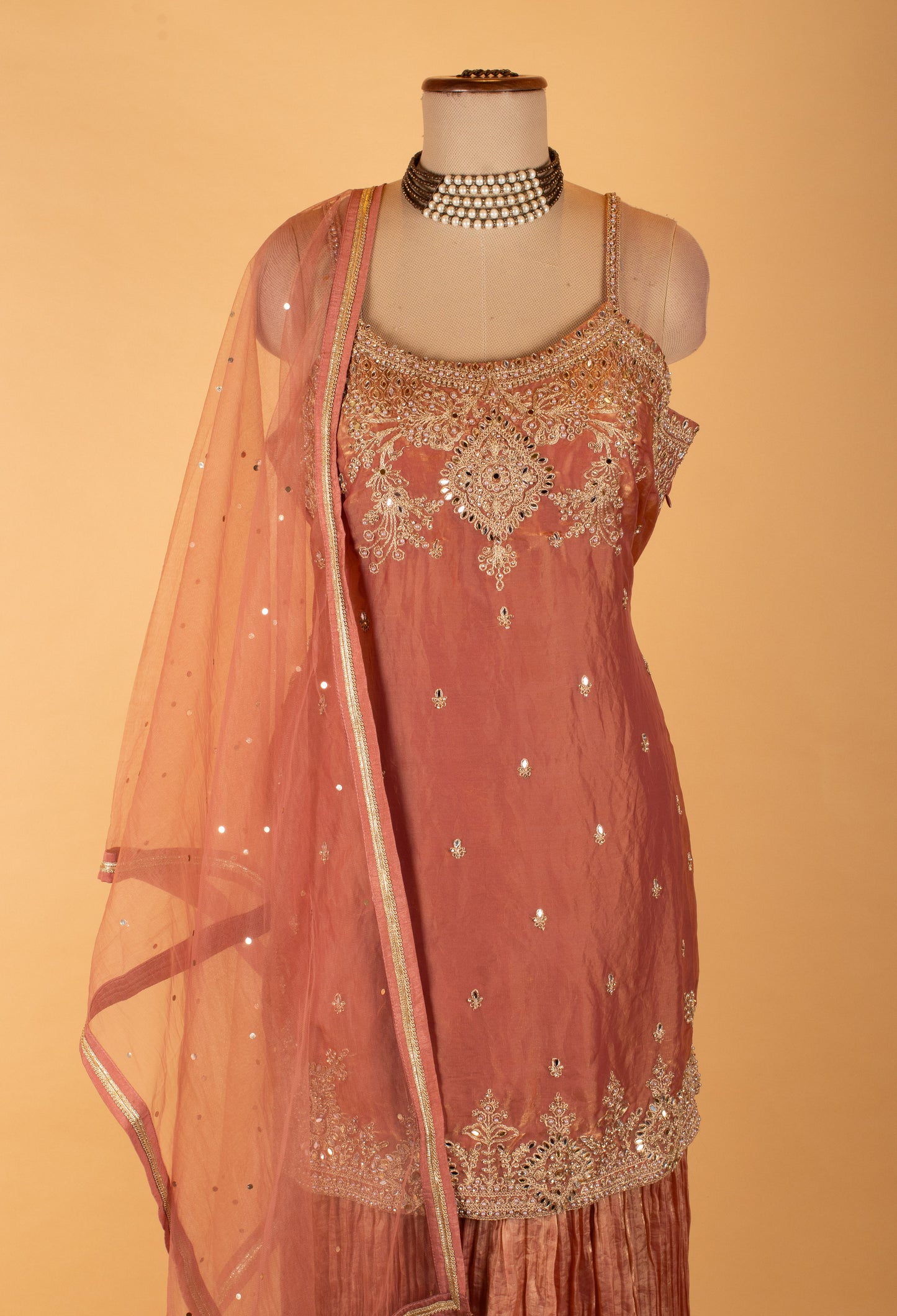 Peach Embroidered Straight-Cut Suit Set with Sharara & Dupatta