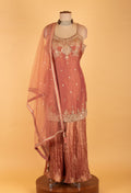 Peach Embroidered Straight-Cut Suit Set with Sharara & Dupatta