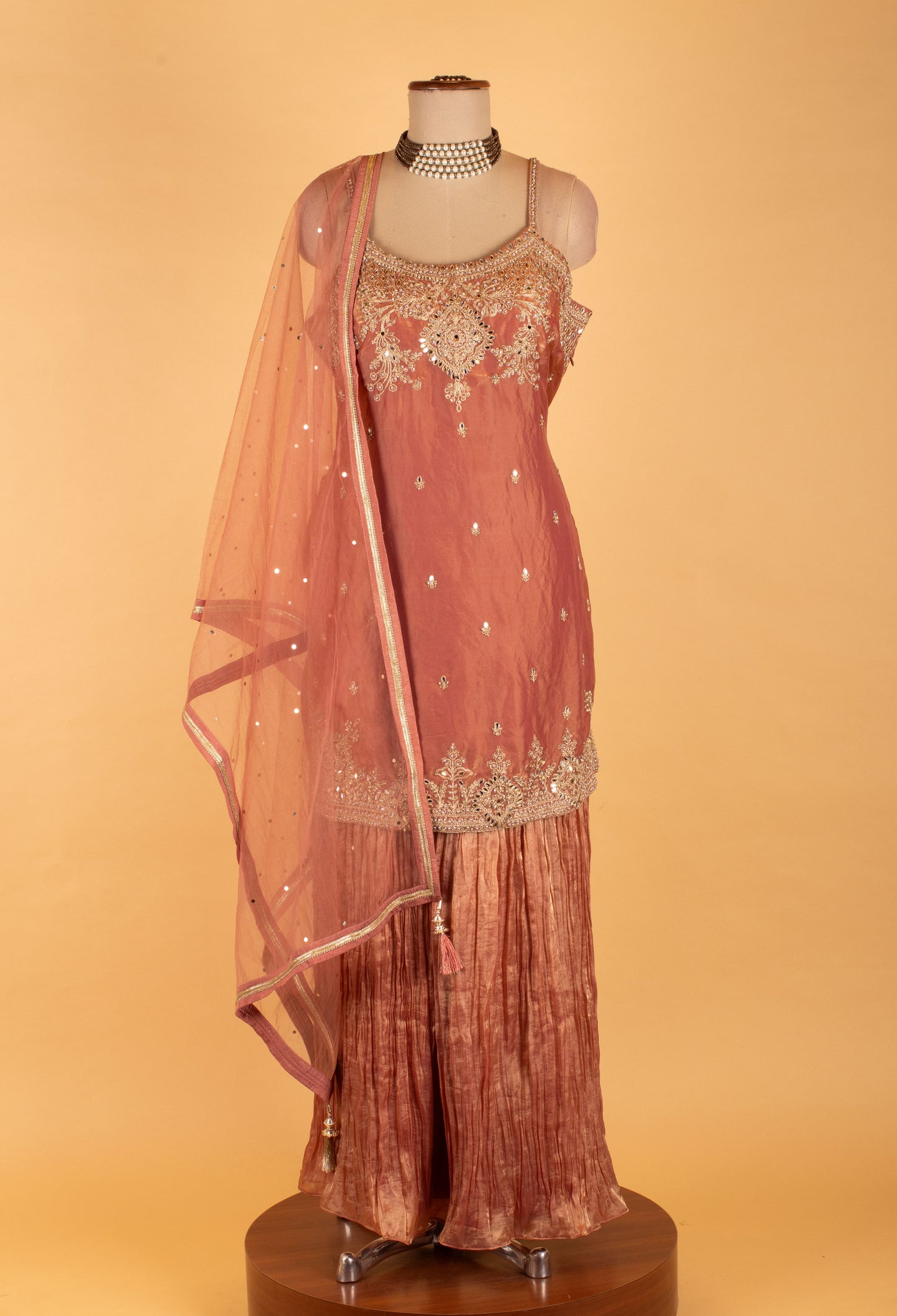 Peach Embroidered Straight-Cut Suit Set with Sharara & Dupatta