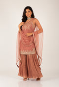 Peach Embroidered Straight-Cut Suit Set with Sharara & Dupatta