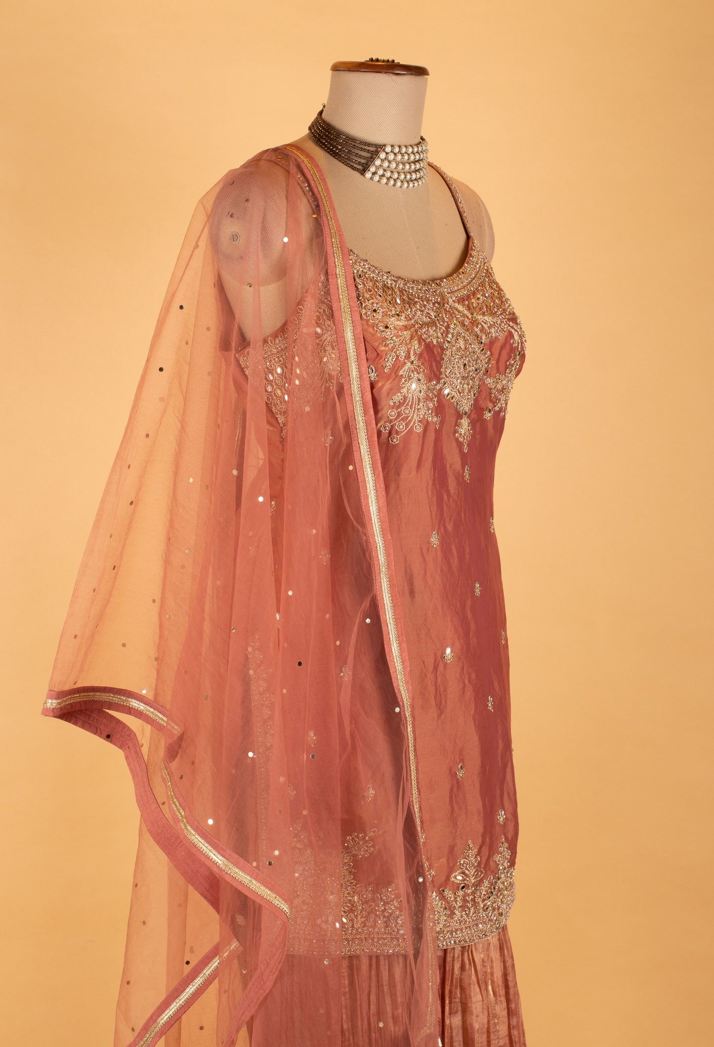 Peach Embroidered Straight-Cut Suit Set with Sharara & Dupatta