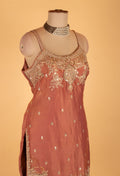 Peach Embroidered Straight-Cut Suit Set with Sharara & Dupatta