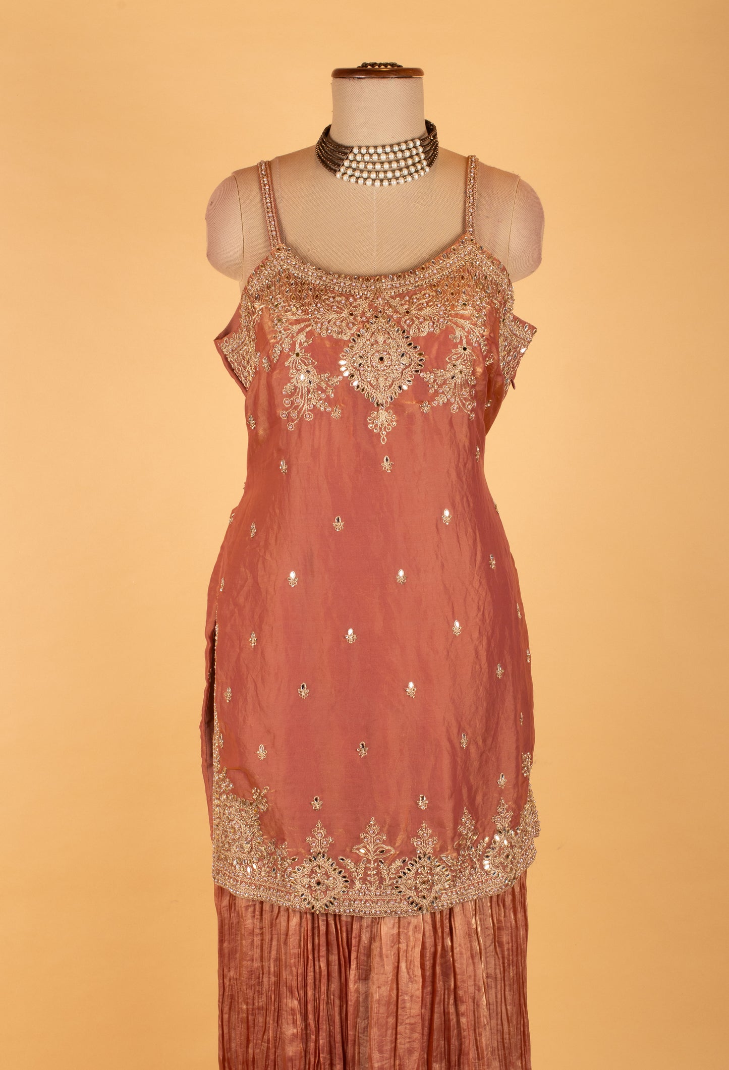 Peach Embroidered Straight-Cut Suit Set with Sharara & Dupatta