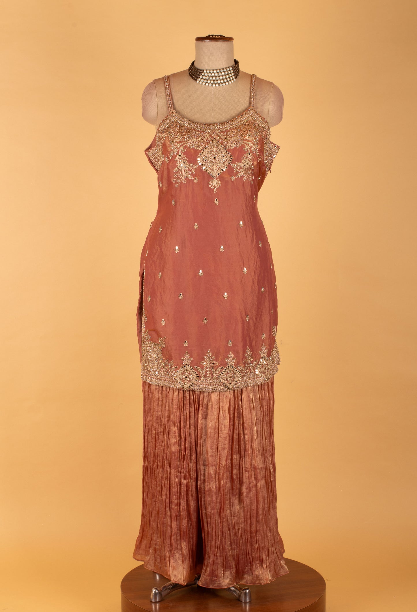 Peach Embroidered Straight-Cut Suit Set with Sharara & Dupatta