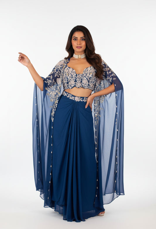 Royal Blue Embroidered Crop Top Lehenga Set with Sheer Cape