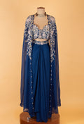 Royal Blue Embroidered Crop Top Lehenga Set with Sheer Cape