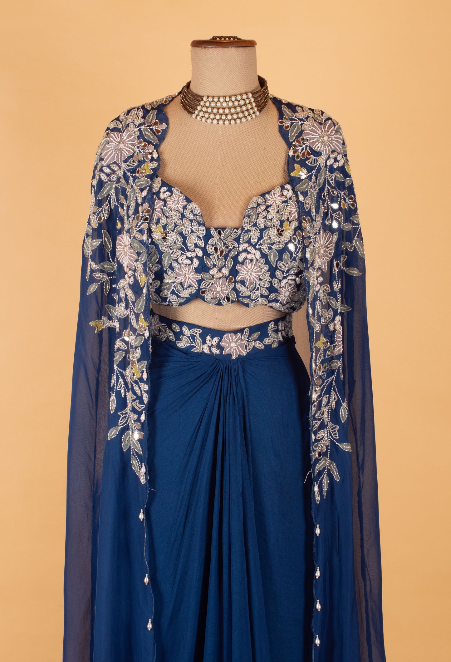 Royal Blue Embroidered Crop Top Lehenga Set with Sheer Cape
