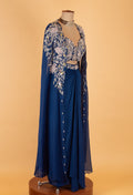 Royal Blue Embroidered Crop Top Lehenga Set with Sheer Cape