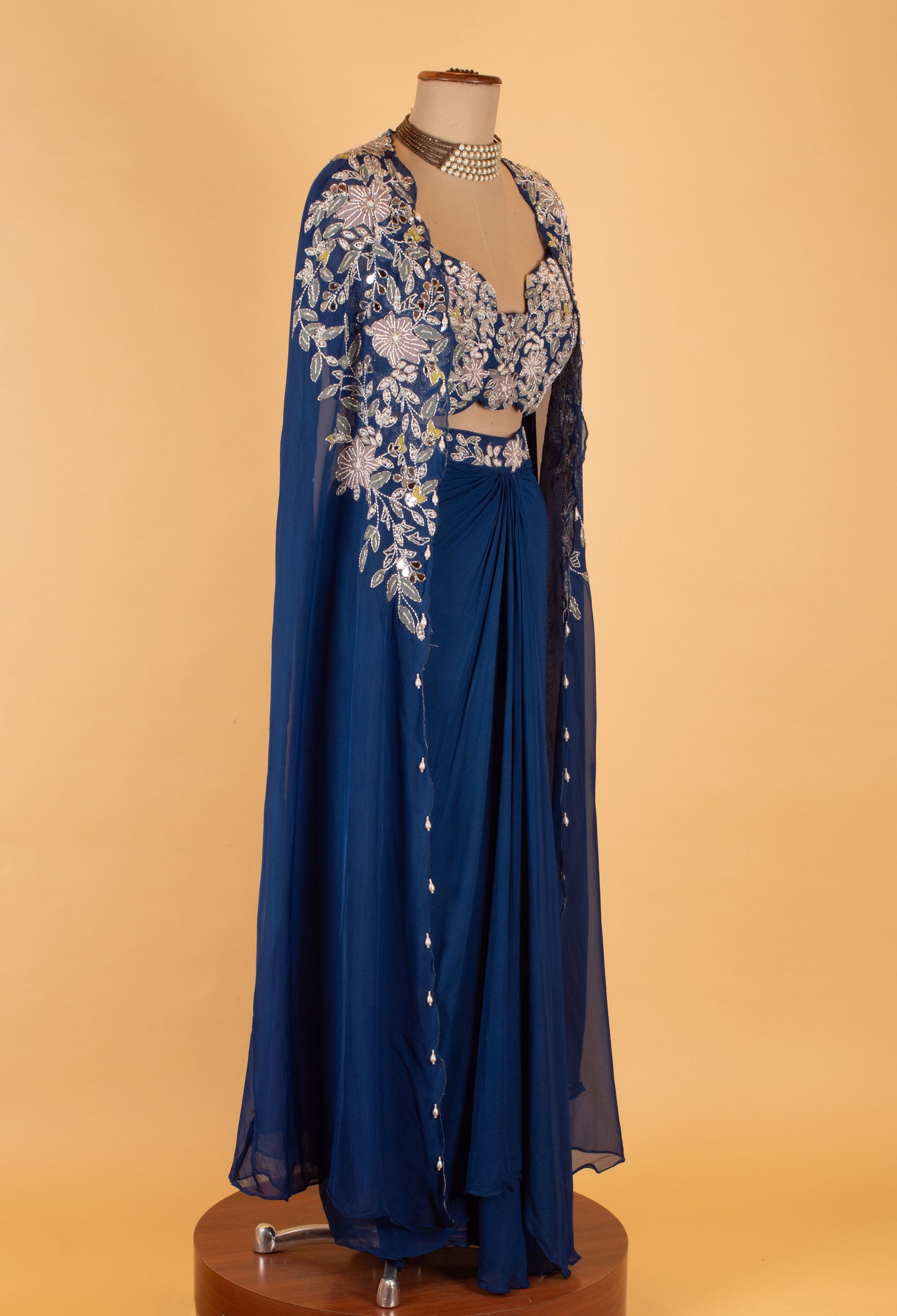 Royal Blue Embroidered Crop Top Lehenga Set with Sheer Cape