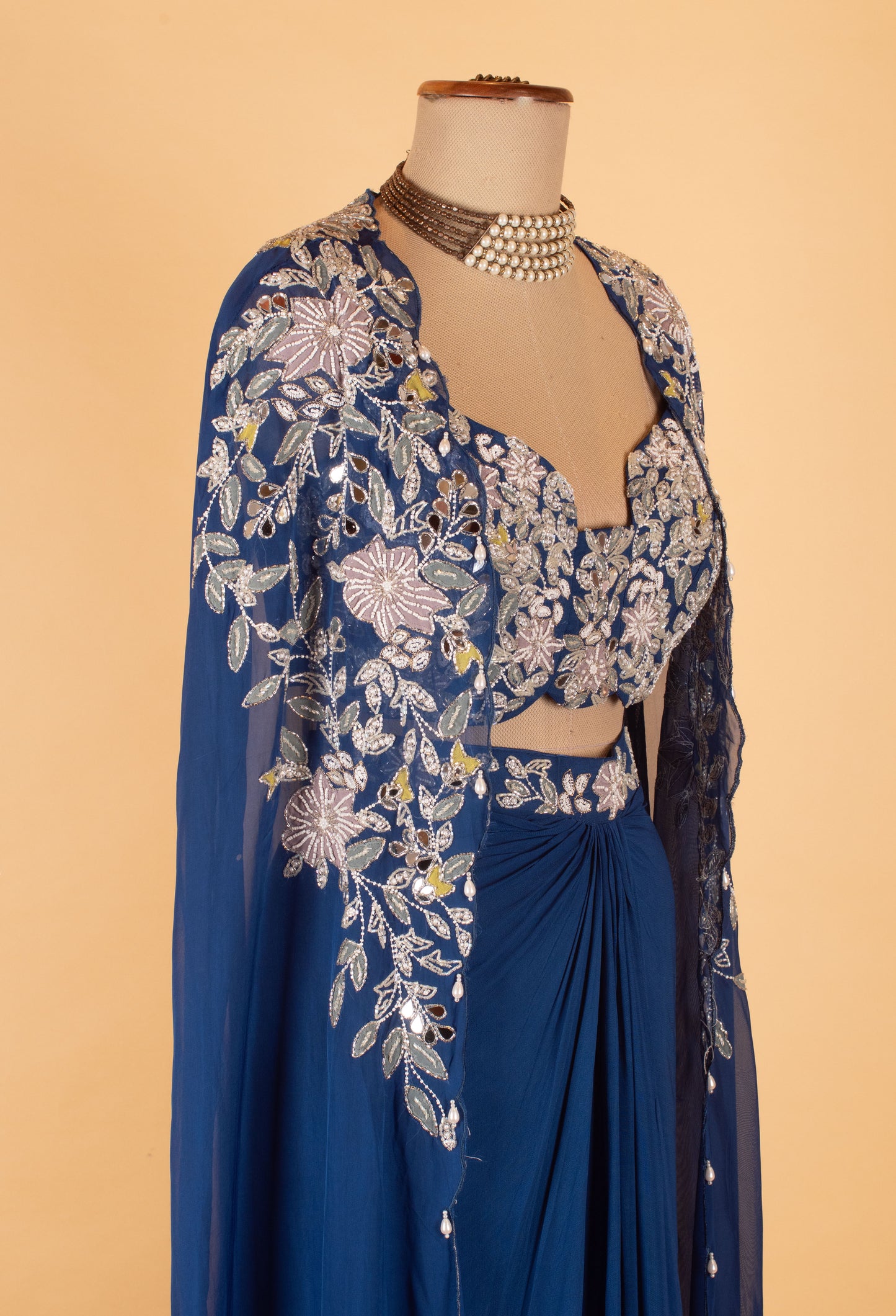 Royal Blue Embroidered Crop Top Lehenga Set with Sheer Cape